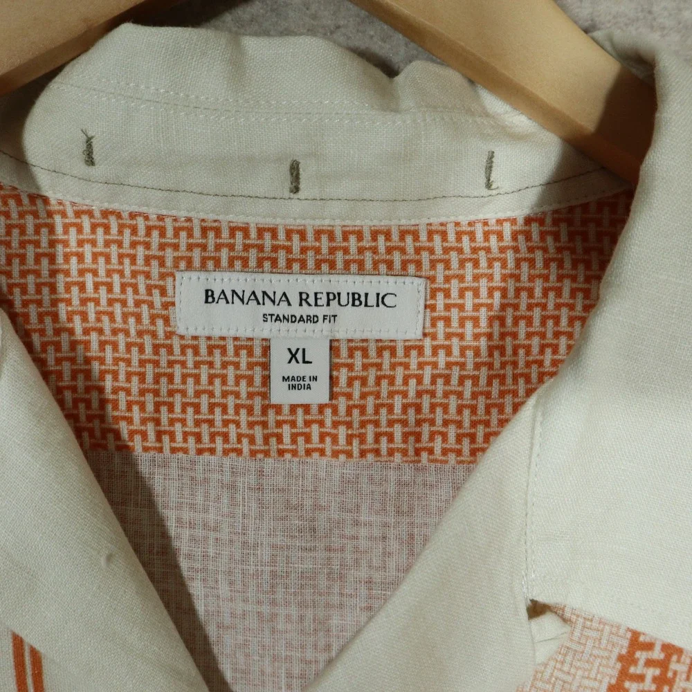 Banana Republic Shirt XL Orange Print Linen Modern Camp Collar 646099